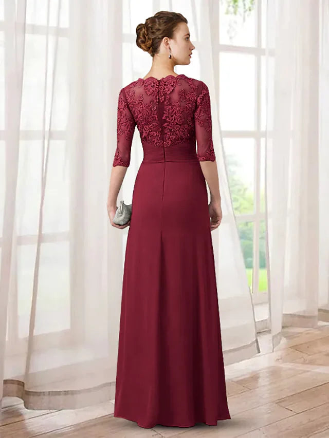 Mother of the Bride Dress Elegant Jewel Neck Floor Length Chiffon Lace Half Sleeve with Appliques Ruching