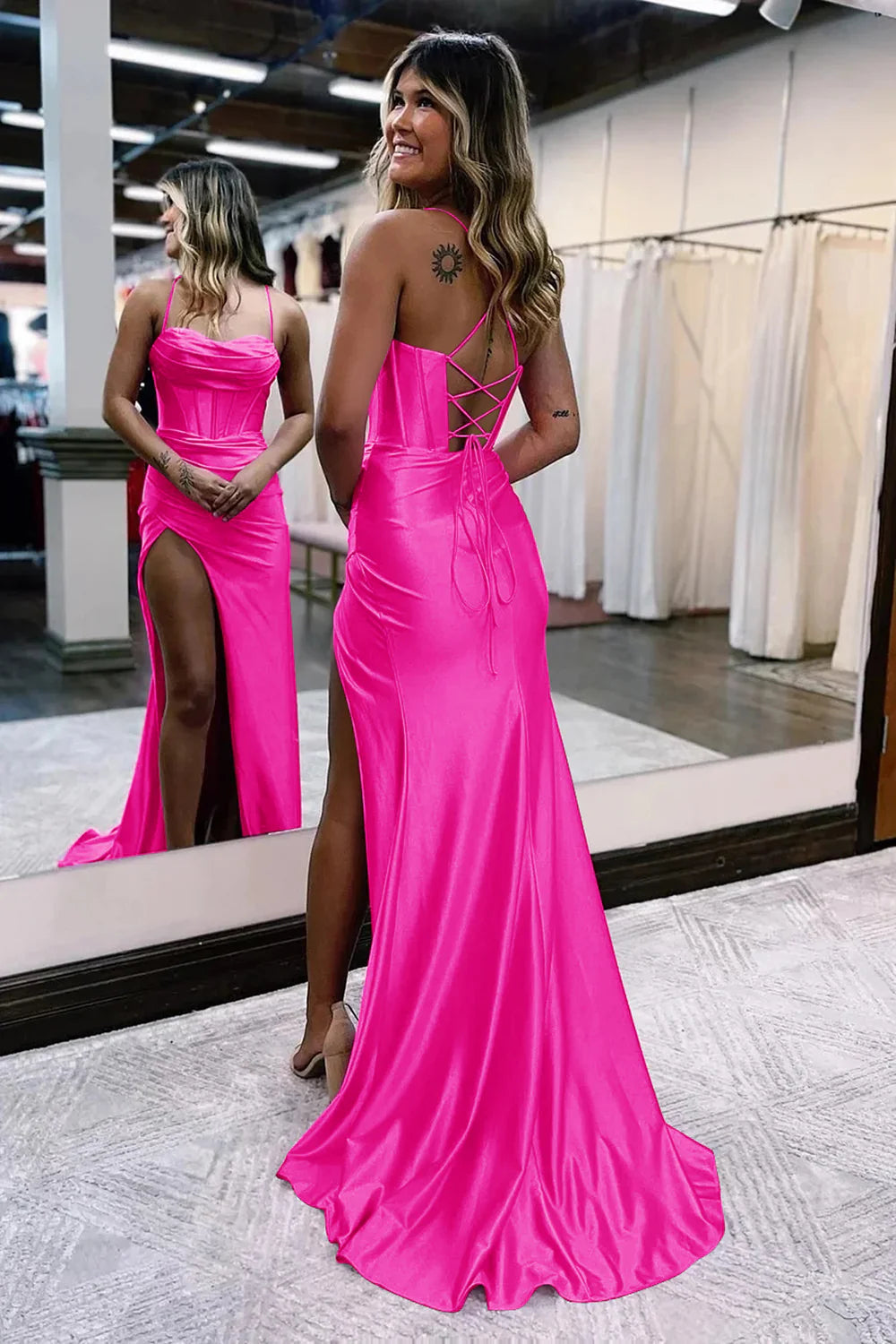 Fuchsia Square Neck Spaghetti Straps Lace-Up Back Mermaid Prom Dress With Slit