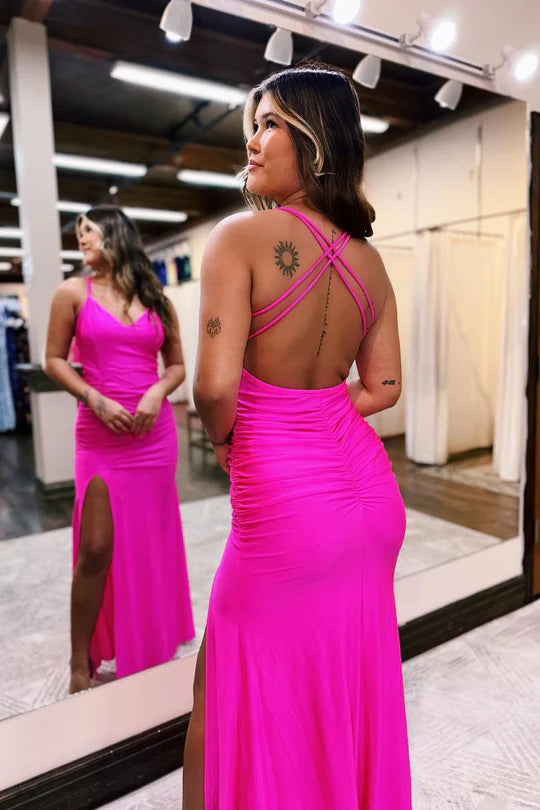 Cute Mermaid V Neck Spaghetti Strap Hot Pink Satin Long Prom Dress with Slit