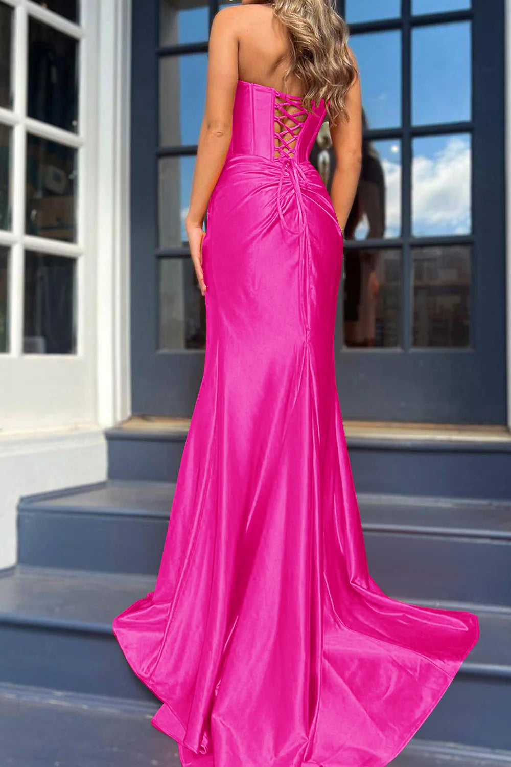 Fuchsia Mermaid Strapless Off-the-Shoulder Corset Lace-Up Back Prom Dress with Split Front