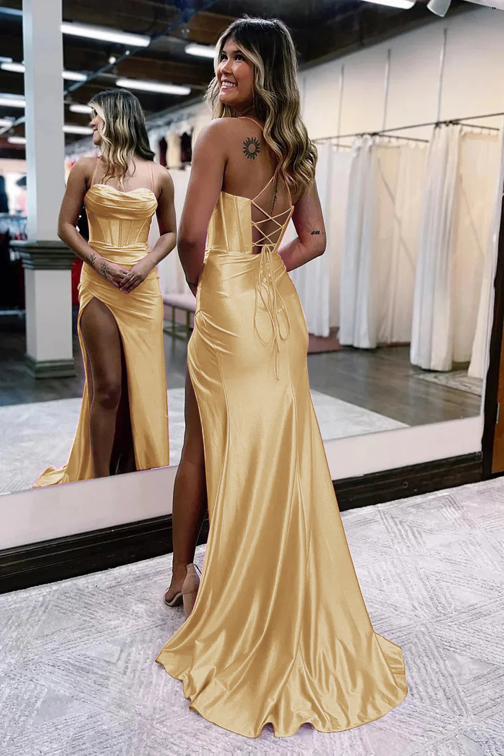 Gold Square Neck Spaghetti Straps Lace-Up Back Mermaid Prom Dress With Slit