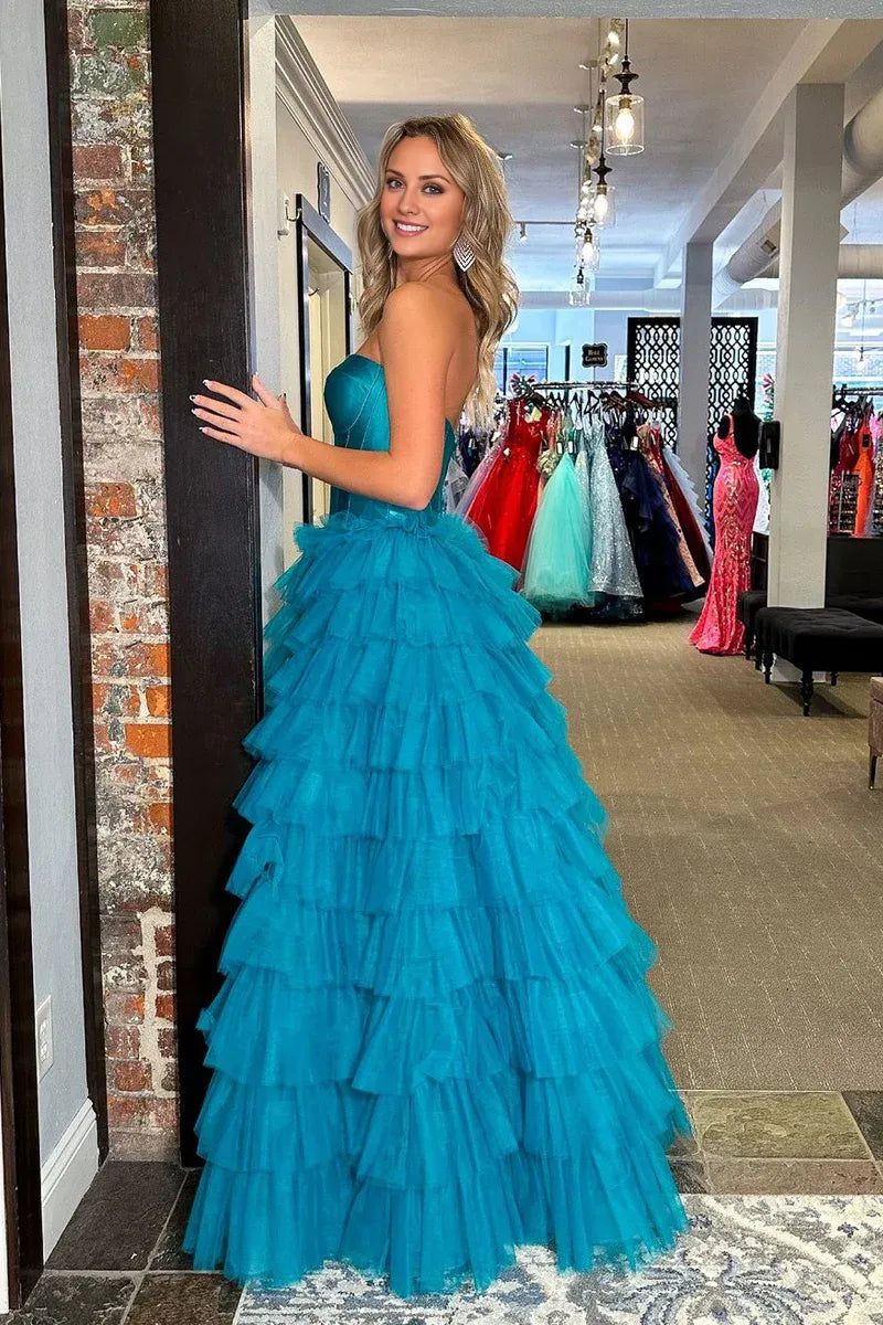 Princess Sweetheart Blue Off-the-Shoulder Tiered Split Fork Tulle Long Prom Dresses