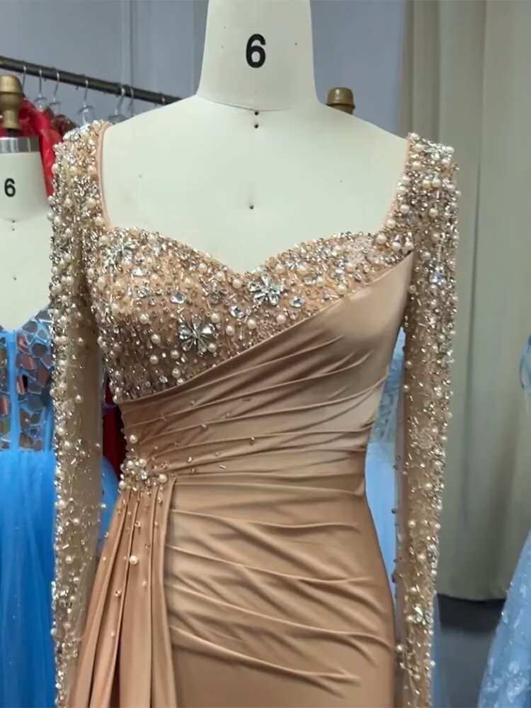 Sheath Mermaid Sweep/Brush Train Dresses Long Sleeves Dusty Rose Bead Mermaid Prom Dress With Embroidery