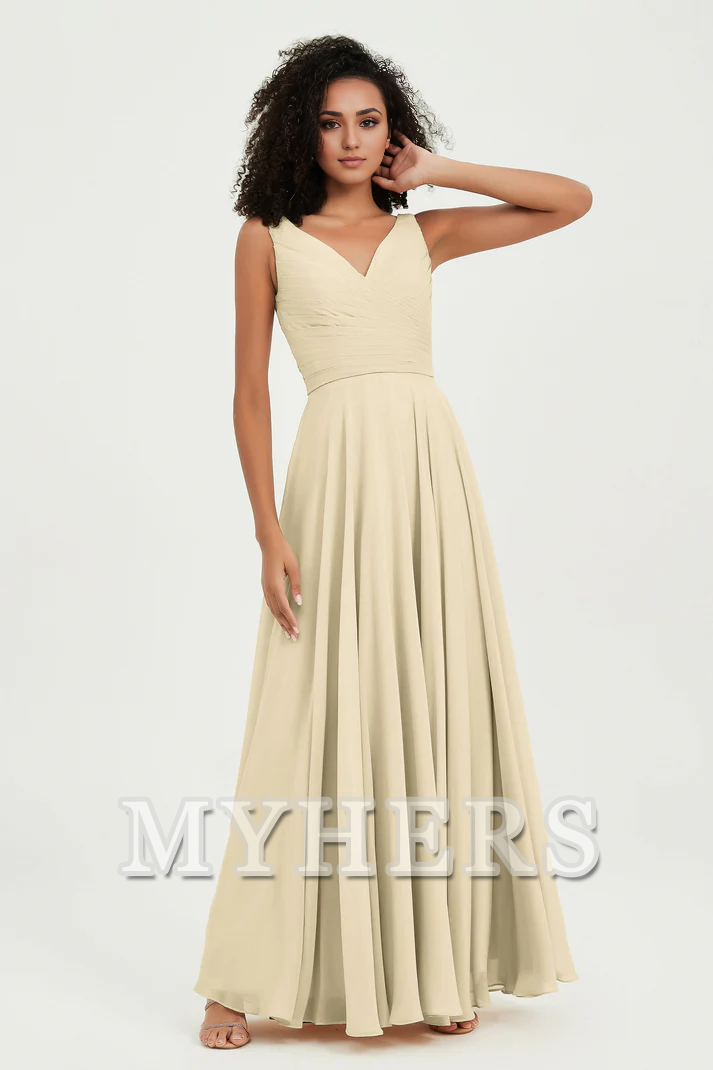 MY HERS Chiffon A-Line V-Neck Pleated Sleeveless Floor-Length Elegant Simple Wedding Guests Dresses