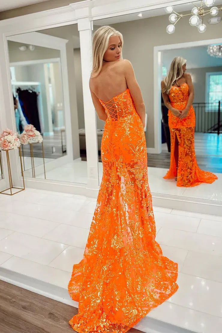 Cute Mermaid Sweetheart Orange Off-the-Shoulder Lace Lace-Up Back Long Prom Dresses