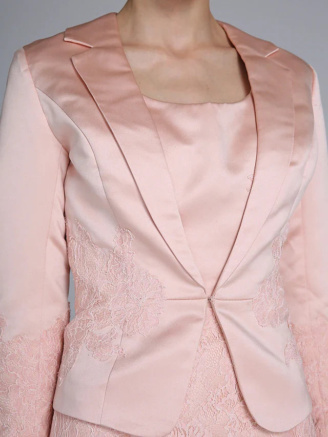 Mother of the Bride Dress Convertible Dress Scoop Neck Short Mini Lace Satin Long Sleeve with Lace Appliques