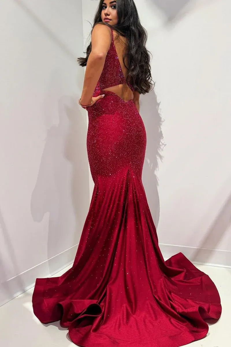 Charming Mermaid V Neck Spaghetti Strap Red Satin Long Prom Dresses with Beading
