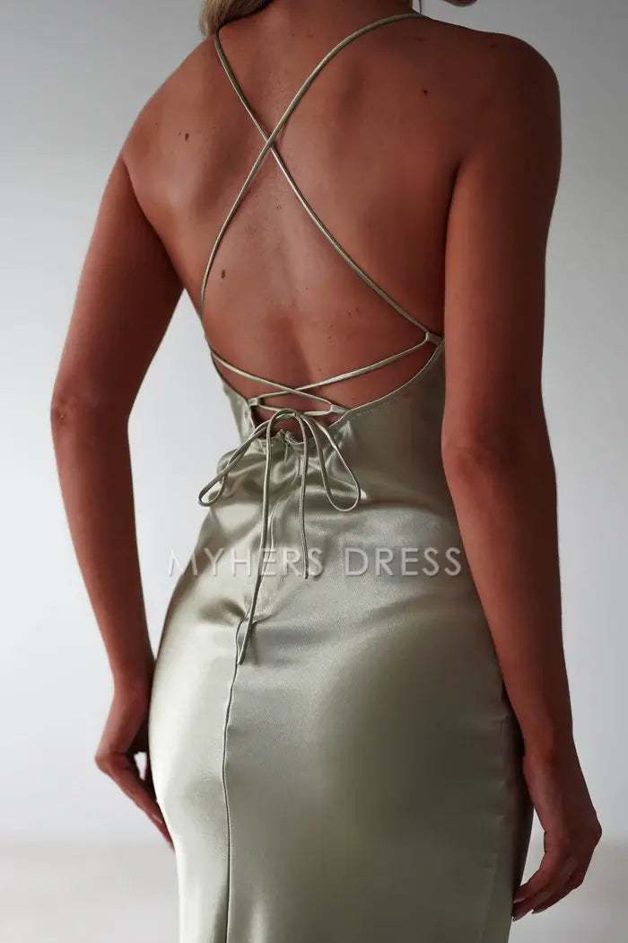 My Hers Prom Dress Figure Slimming Slip Dress Straight Neckline Low Back Adjustable Tie Straps Elegant Simple Ladies Formal Dress