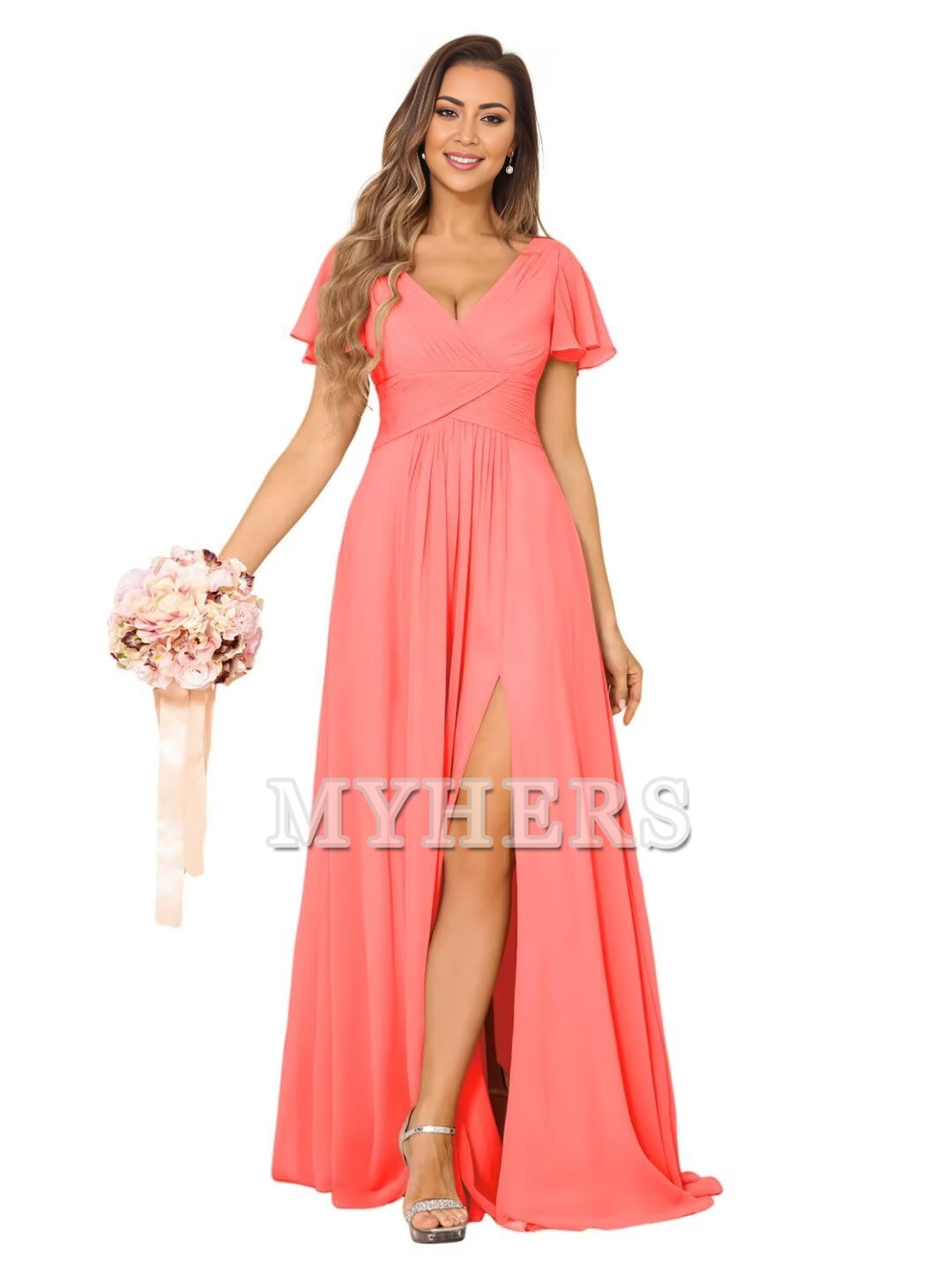 Exquisite V Neck Pleated Side Slit Romantic Bridesmaid Dresses Wedding Guests Dresses