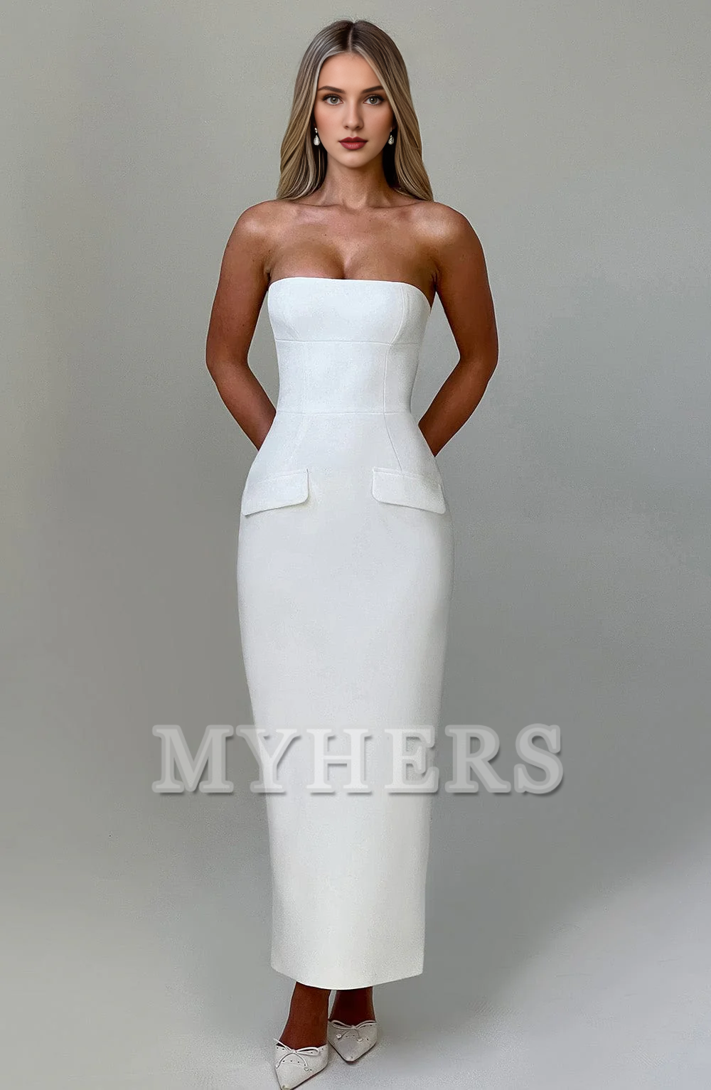 Elegant Strapless Mermaid Rear Fork Sheath Dresses Fake Pocket Decoration Bridesmaid Dresses Wedding Guests Dresses