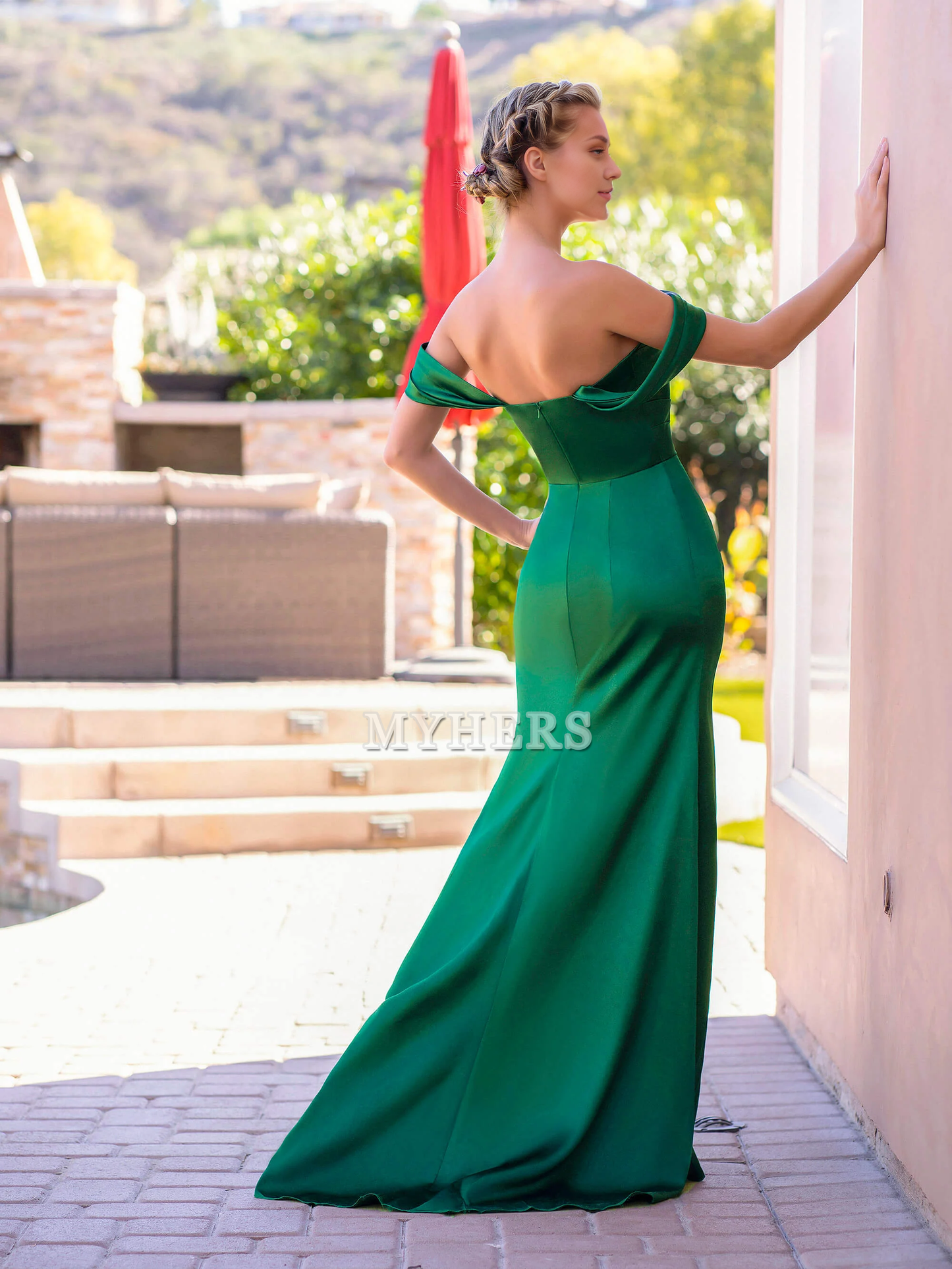 Formal Women's Dresses Wedding Guest Dresses Mermaid Off-the-Shoulder Pleated Side Fork Elegant Fashion Sweep Train Evening Dress