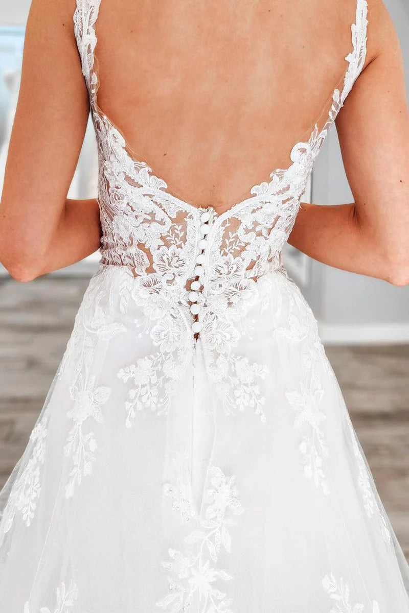 Fairy A Line V Neck Tulle Backless Mopping The Floor Wedding Dresses with Lace