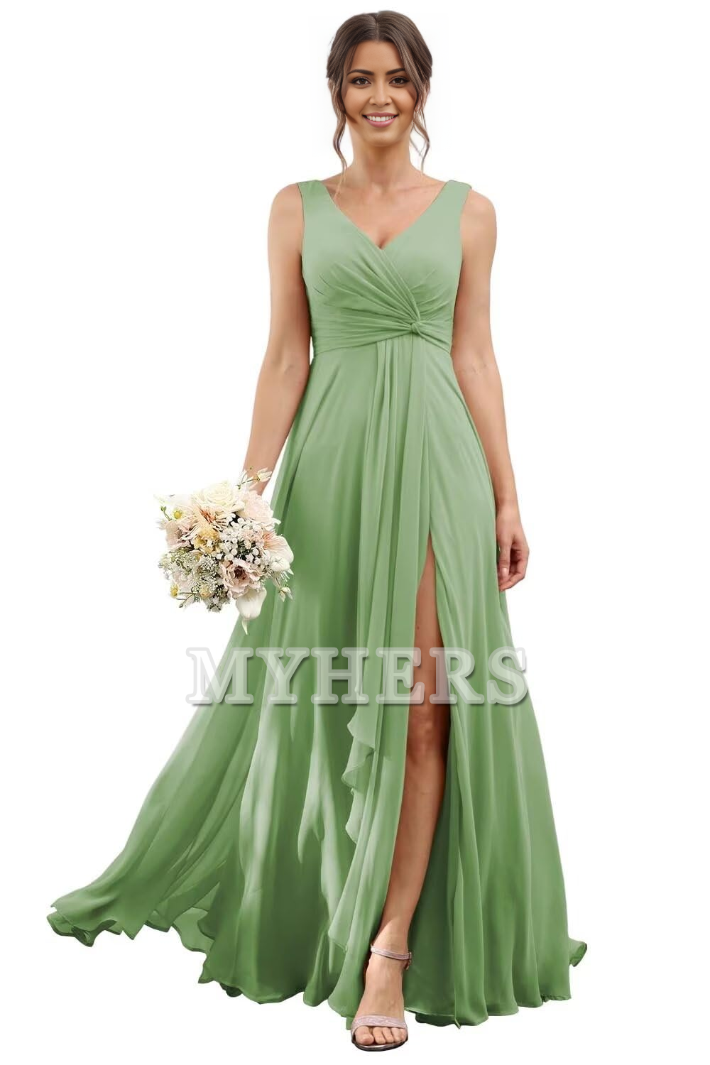 A-line V Neck Ruffles Side Fork Long Chiffon Elegant Bridesmaid Dresses Wedding Guests Dresses