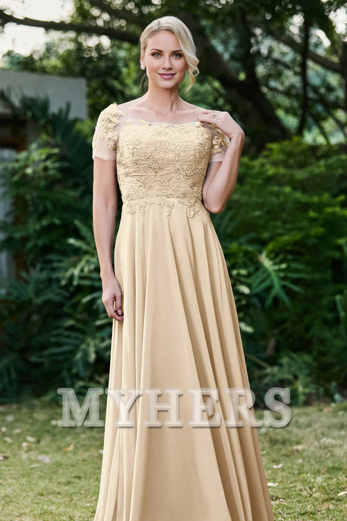 My Hers New Product Mother of The Bride Dress Ruched Applique Short Sleeves Chiffon Long Dress Elegant Formal Dress High Quality Wedding Guests Dresses