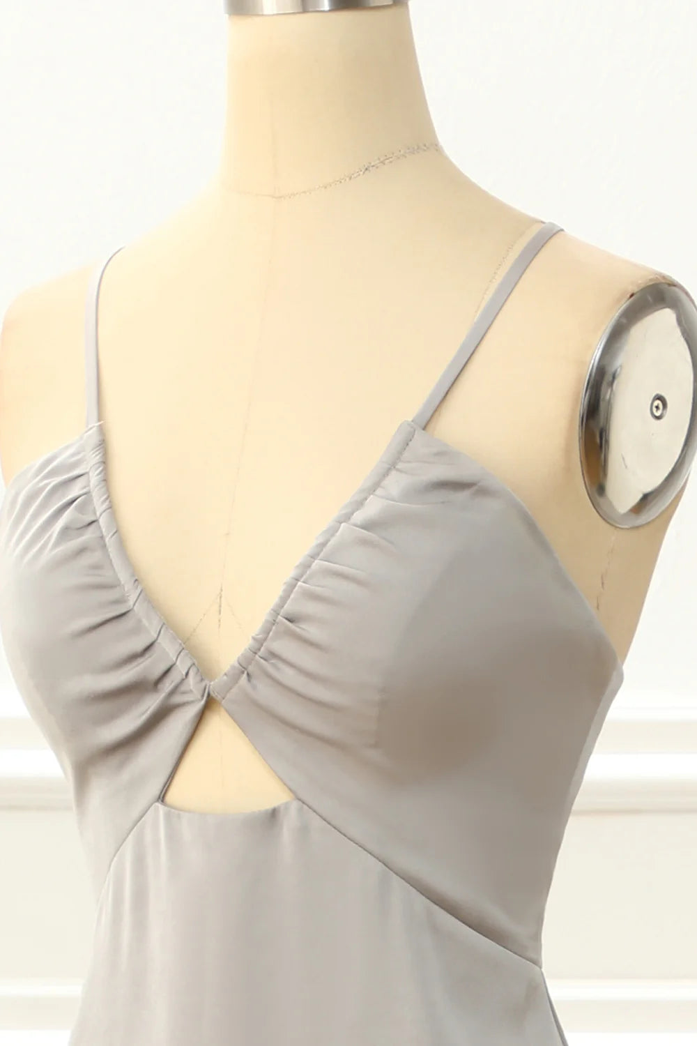 Grey Satin V-neck Spaghetti Strap Sheath Backless Simple Slim-fit Prom Dress