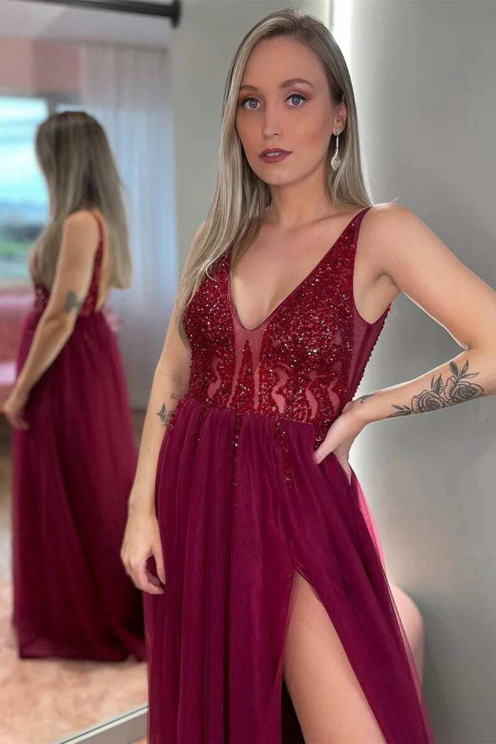 Tulle Beaded Rhinestone Backless Prom Dress