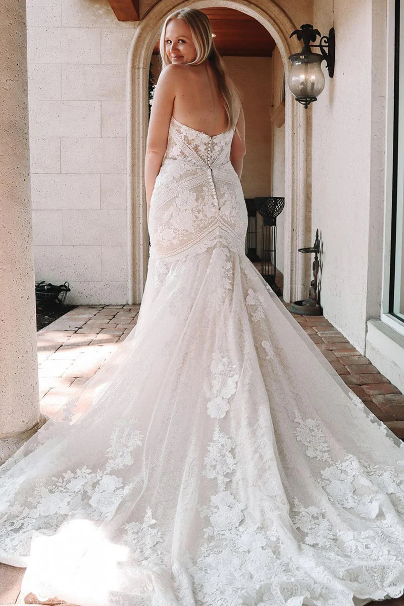 Elegant Mermaid V Neck Off-the-Shoulder Lace Slim-fit Wedding Dresses with Appliques