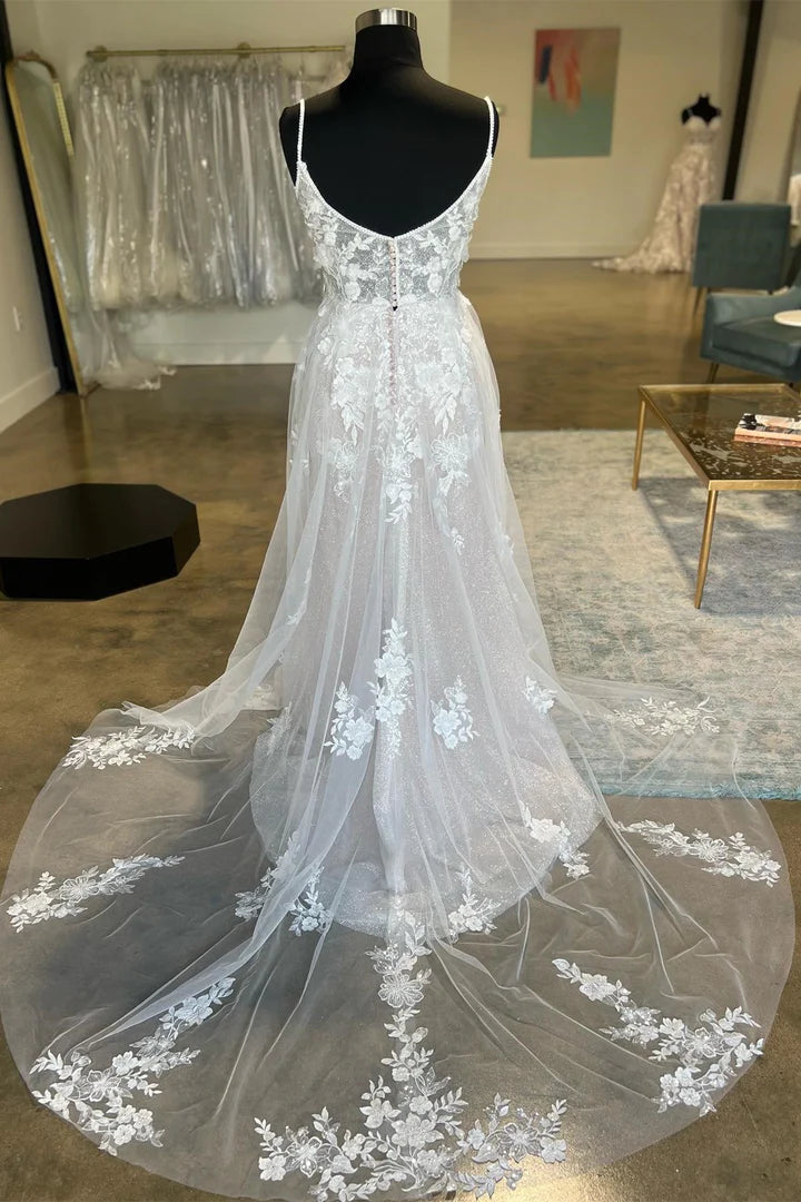Ivory V-Neck Floral Lace Tulle Spaghetti Strap Split Fork Mopping The Floor Long Bridal Gown