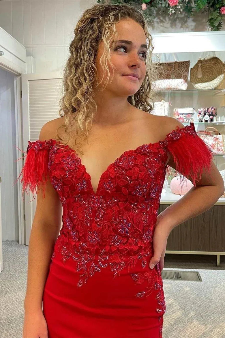 Lace Feather Off-the-Shoulder Mermaid Long Prom Dress
