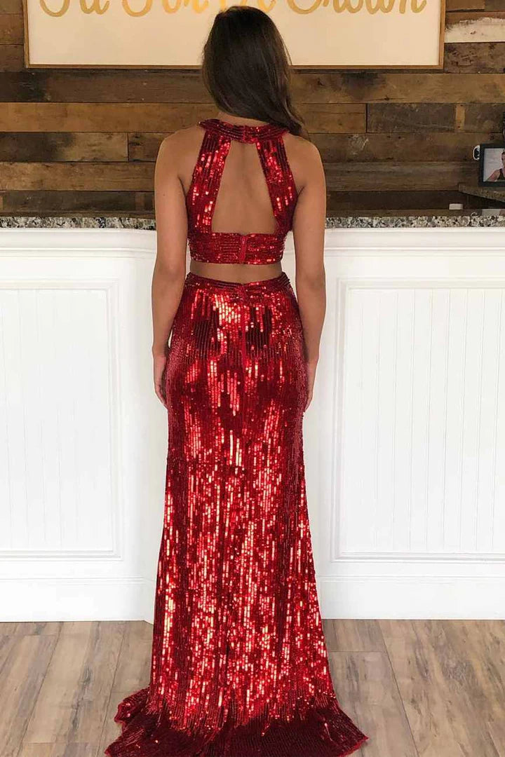Two-Piece Sequin Halter Mermaid Prom Dress with Side Slit