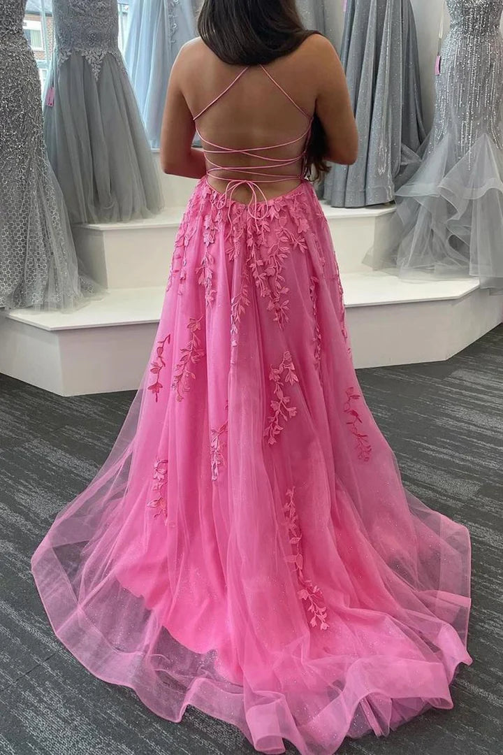 A-Line Lace Long Formal Dress with Lace-Up Back
