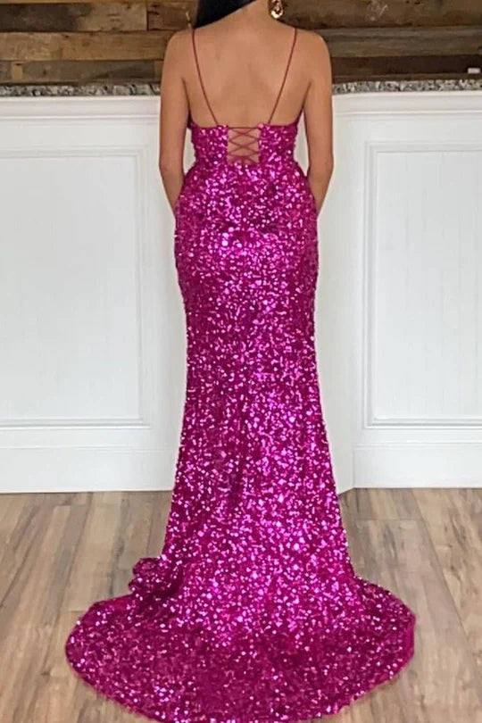 Straps Sequins Mermaid Long Prom Dress