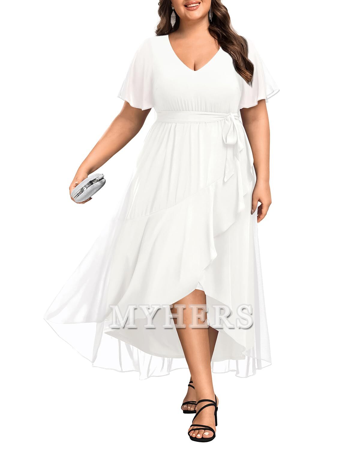 Plus Size Long Dress Chiffon High Low Split Ruffle Bridesmaid Dresses Wedding Guests Dresses