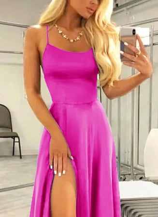 Fuchsia Square Neck Halter Lace-Up Back Backless A Line Satin Prom Dress