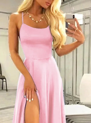 Candy Pink Square Neck Halter Lace-Up Back Backless A Line Satin Prom Dress