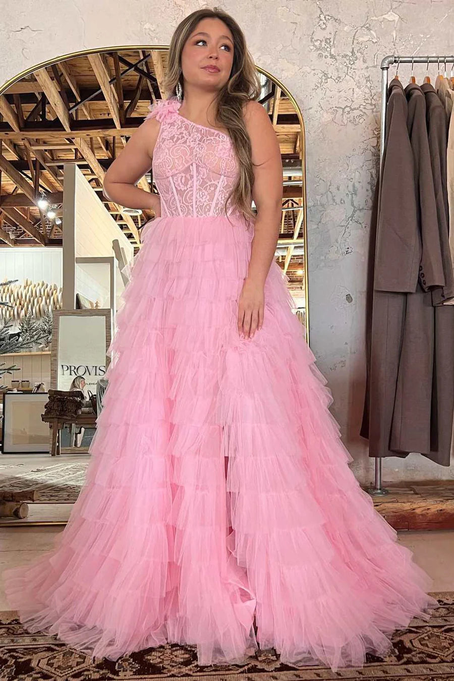 One-Shoulder Lace A-Line Tiered Prom Dress with Ruffles