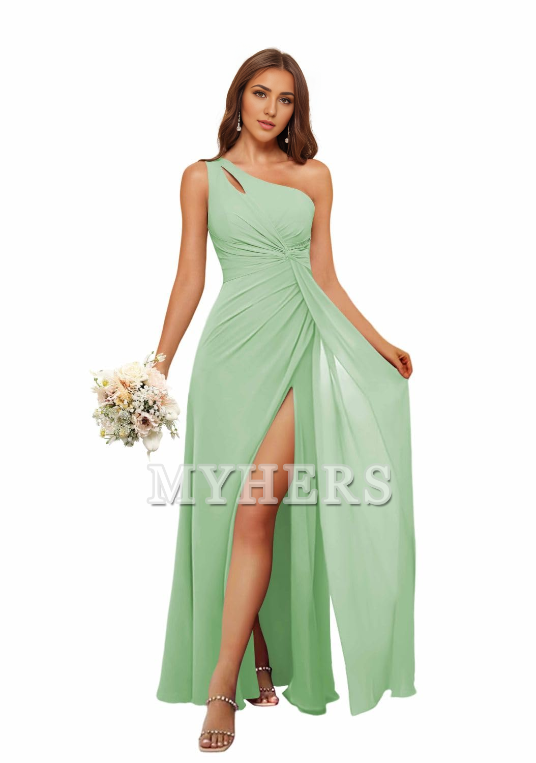 A Line One Shoulder Pleated Side Fork Long Chiffon High Quality Bridesmaid Dresses Wedding Guests Dresses