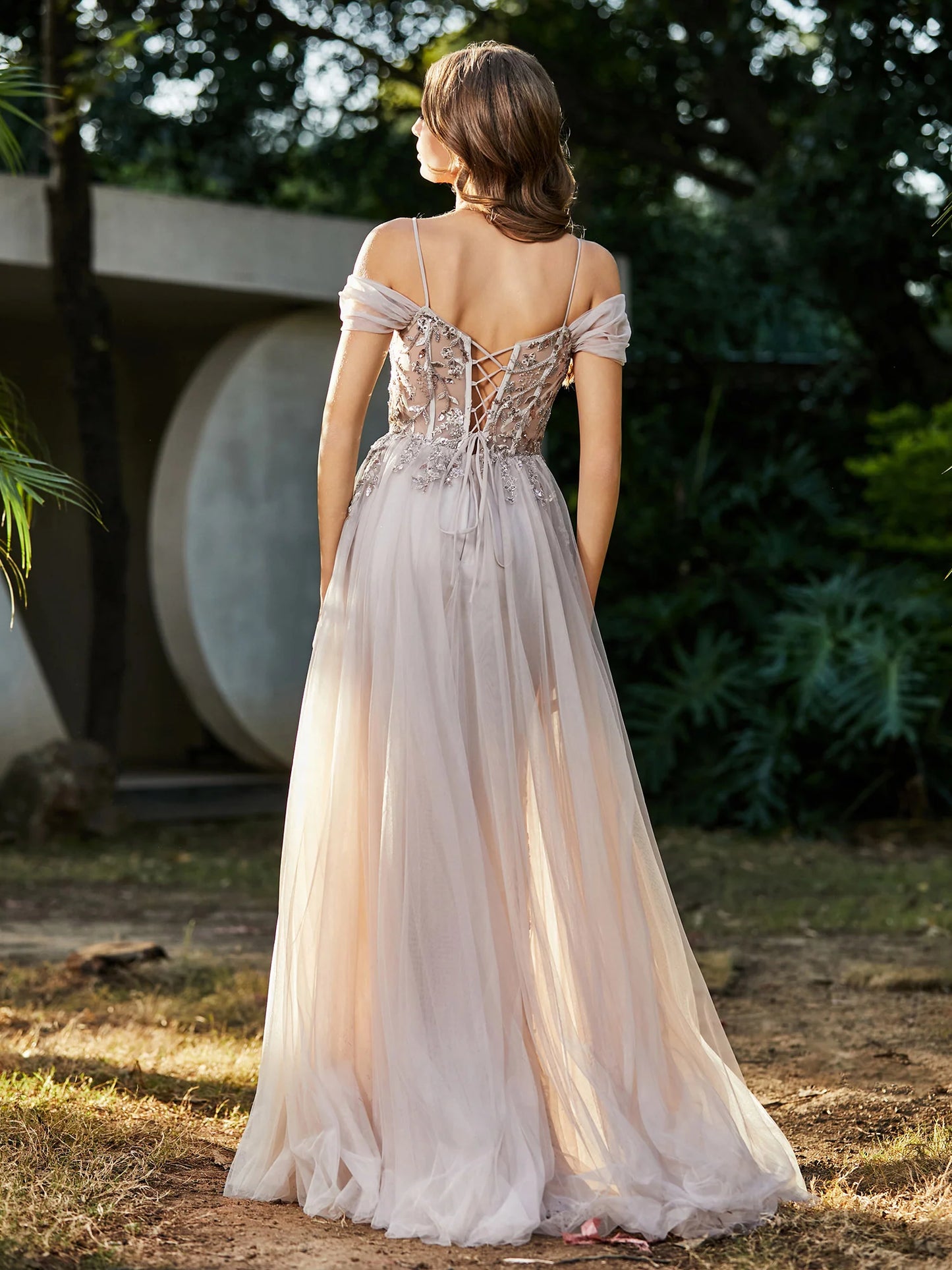Tulle Gown Lace Up Back Off Shoulder Prom Dress