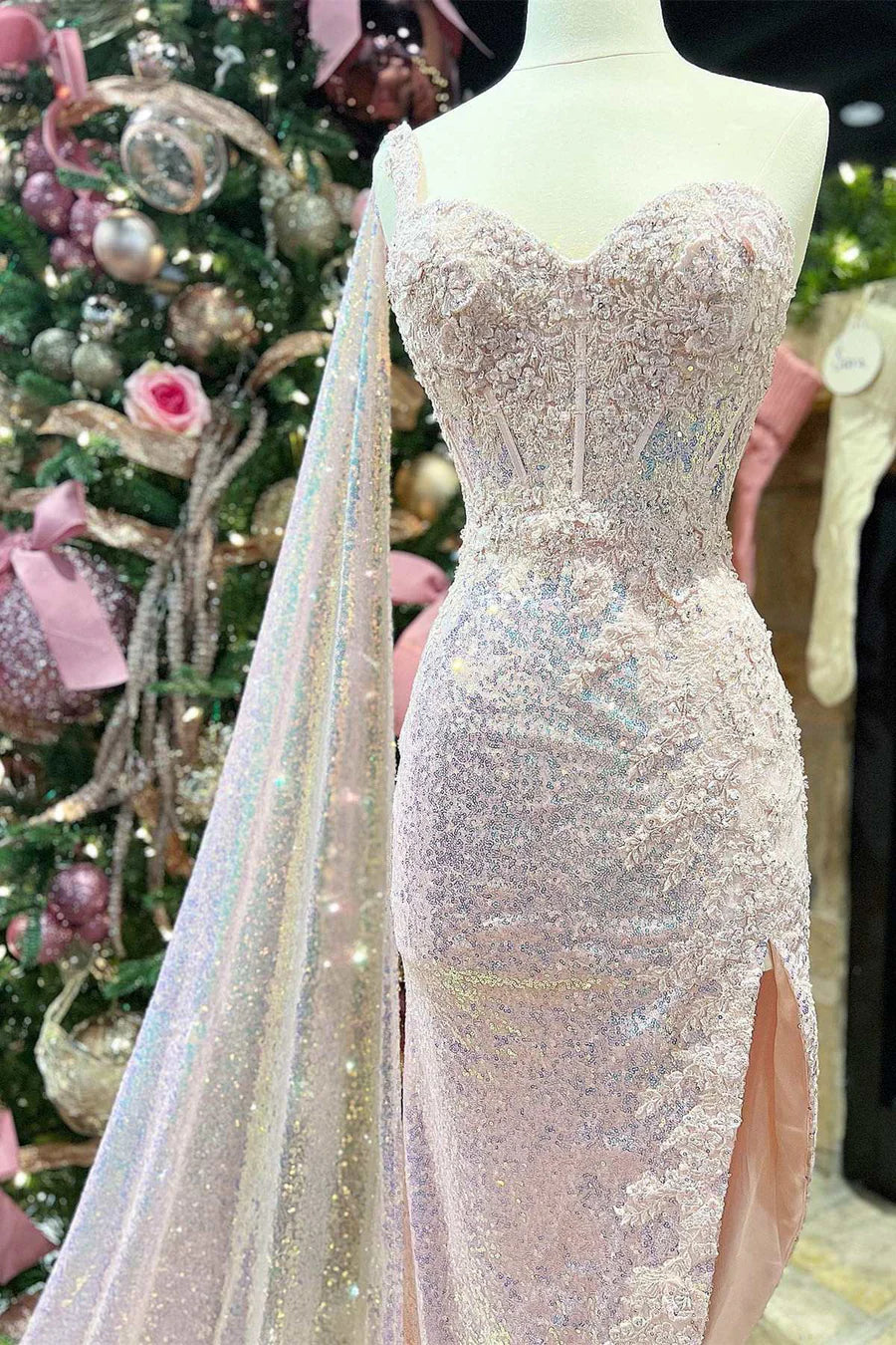 Sequin Lace Sweetheart High-Low Prom Dress with Attached Train