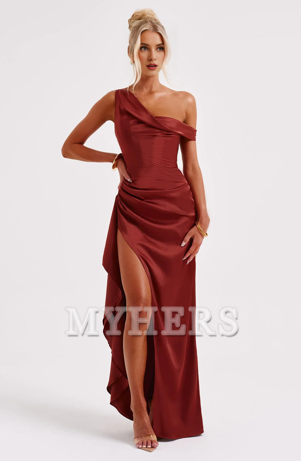 Asymmetric straps Ruched Thigh High Slit Charming Dresses Bridesmaid Dresses Wedding Guests Dresses