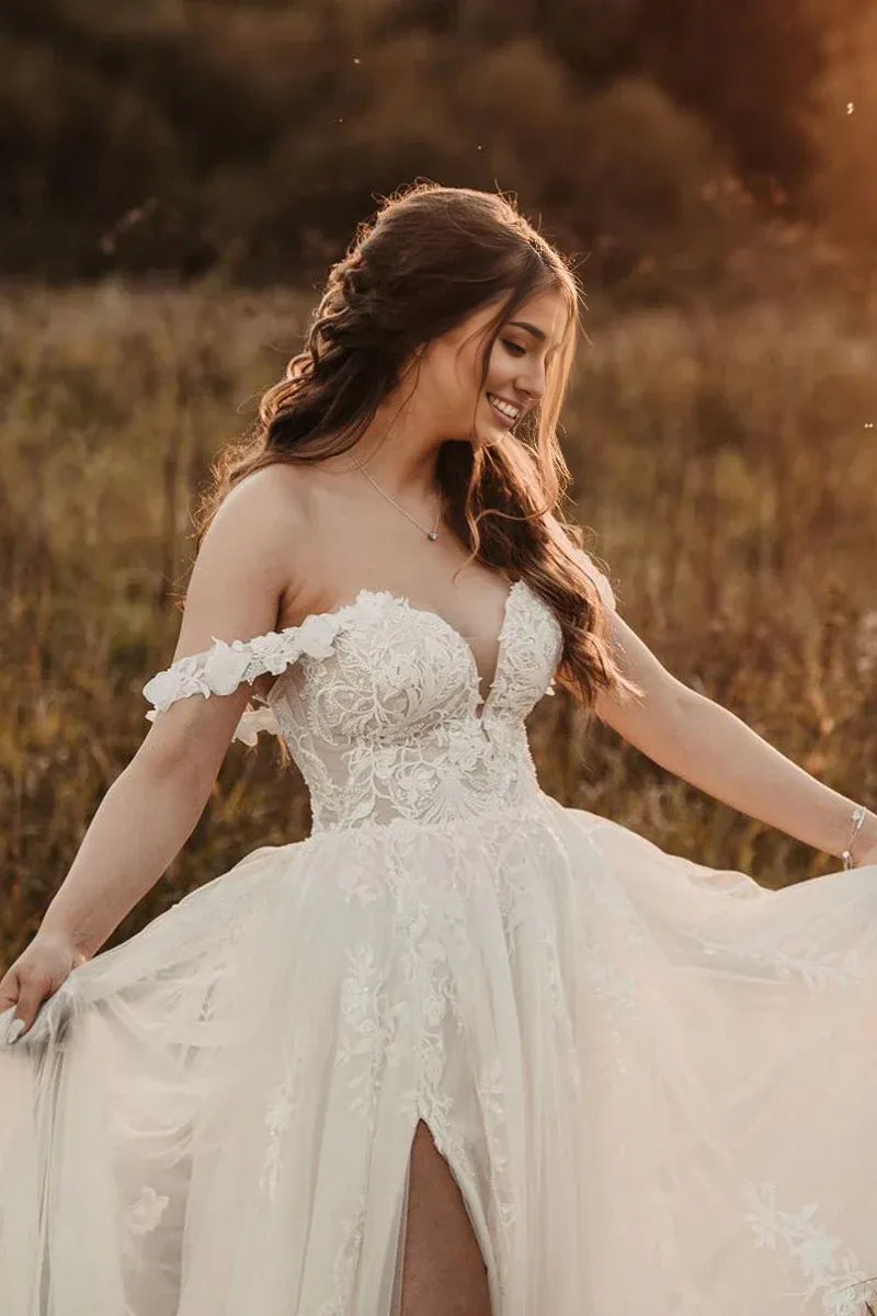 Fairy A Line Off-the-Shoulder V-Neck Sweetheart Tulle Floor-Length Wedding Dresses with Slit