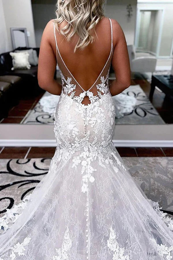 A-line Spaghetti Straps Mermaid Wedding Dress With Lace Appliques