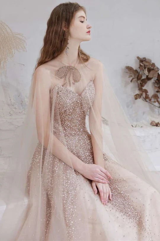 Gradient Tulle Strapless Prom Gown with Cape