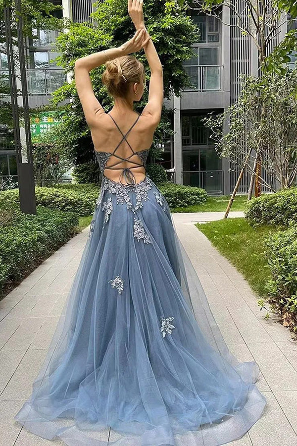 A Line Spaghetti Straps V Neck Lace Appliques Long Prom Dress With Split