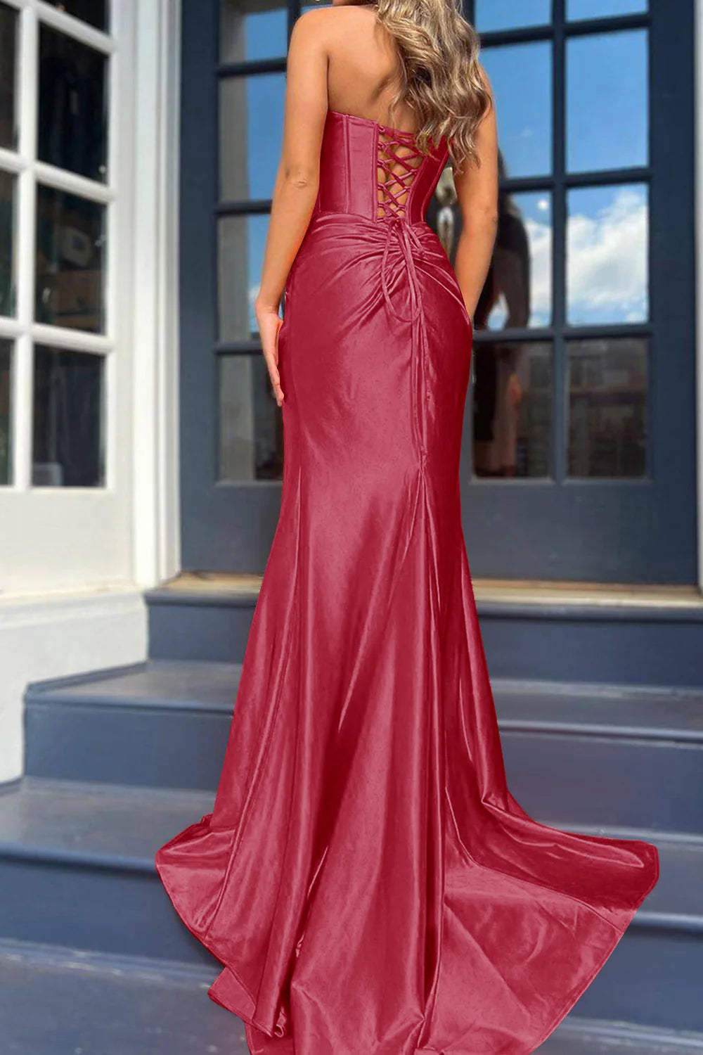 Burgundy Mermaid Strapless Off-the-Shoulder Corset Lace-Up Back Prom Dress with Split Front