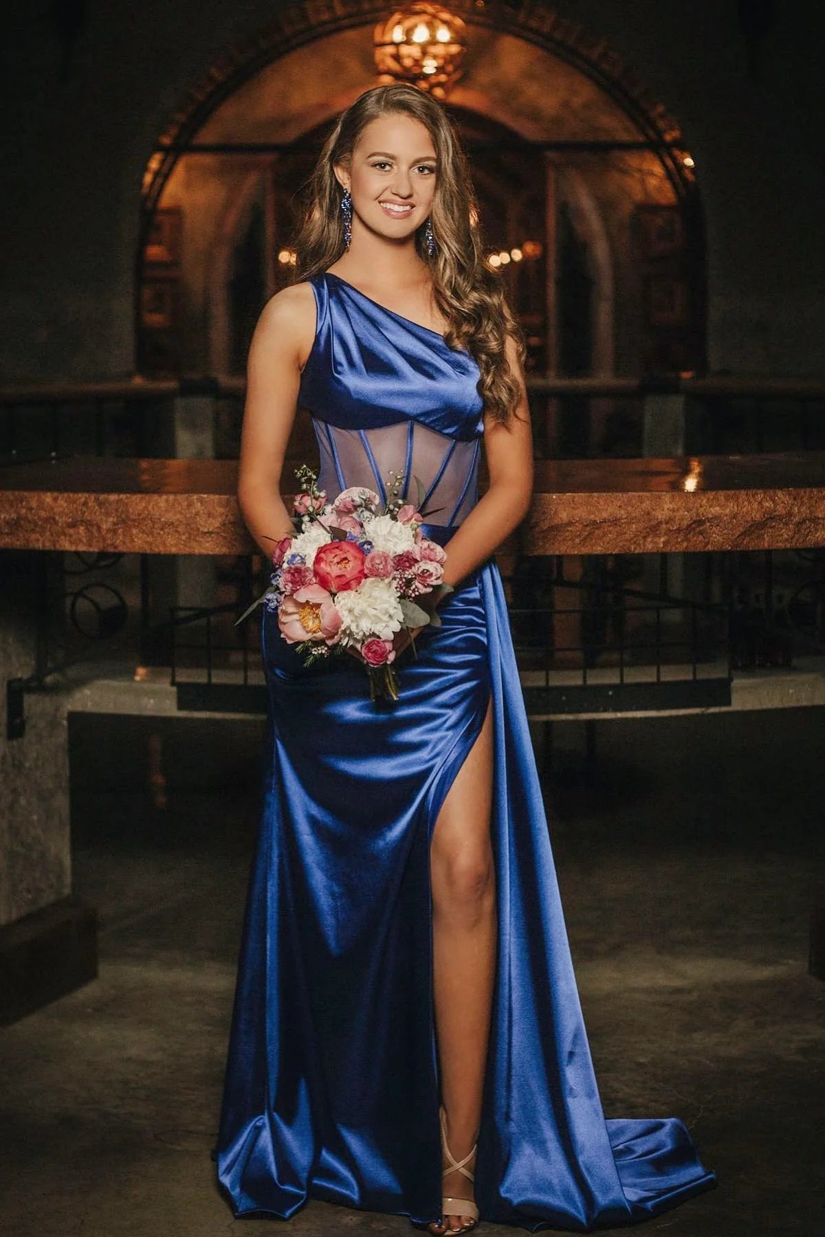 Sweep/Brush Train Dresses One Shoulder Boning Pleated Satin Long Prom Dress