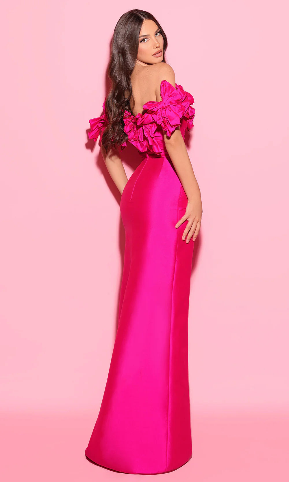 Bold Fuchsia Satin Off-Shoulder Ruffled Bow Embellished Fitted High Slit Evening Dress