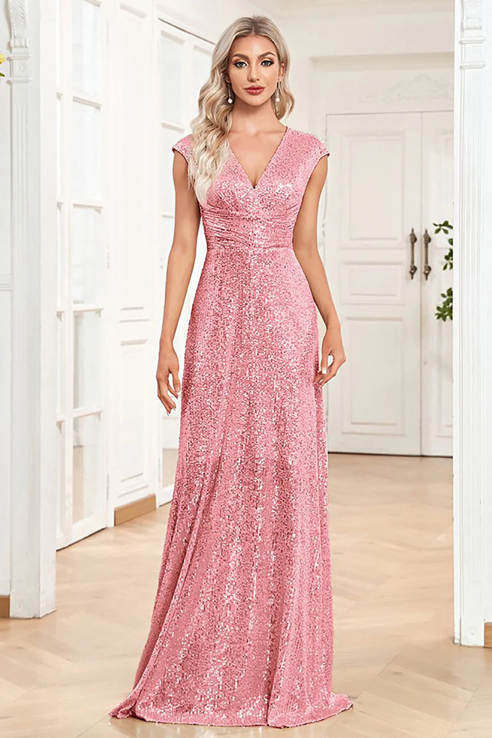 A Line Champagne Sleeveless V-Neck Sparkly Sequins Prom Dress