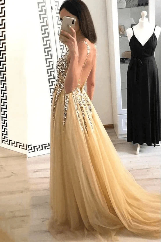 A Line Sweep/Brush Dresses V Neck Floor Length Prom Dresses With Beading