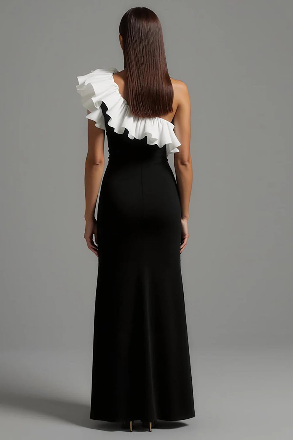 Chic Black and White One-Shoulder Ruffle Accent Mermaid Floor Length Evening Dress