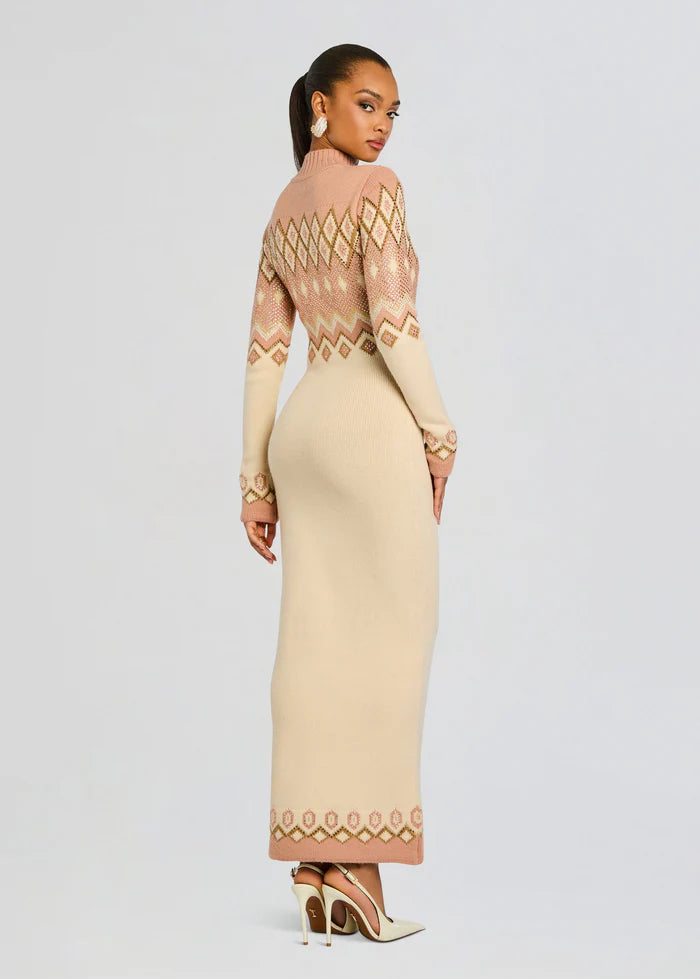 Cozy Dusty Pink & Ivory Fair Isle Knit Turtleneck Long Sleeve Floor-Length Evening Dress