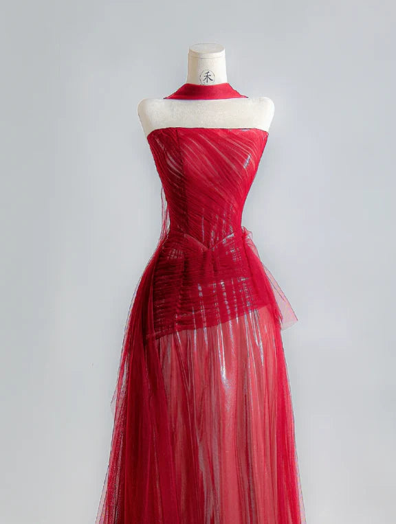 Crimson Red Strapless Ruched Tulle High-Slit Detachable Capelet Sweeping Train Evening Dress