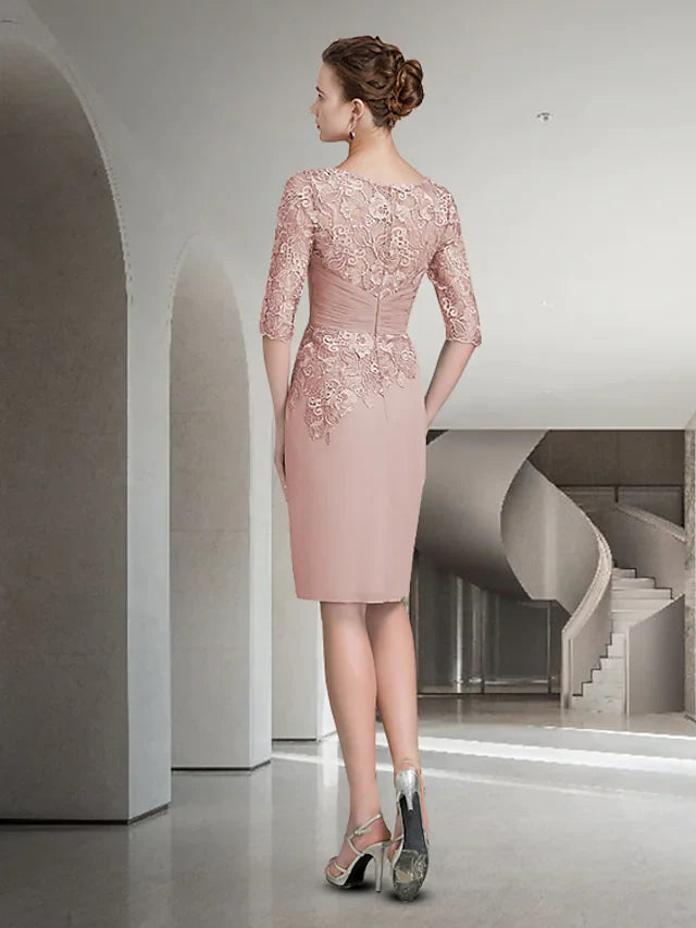 Mother of the Bride Dress Elegant Jewel Neck Knee Length Chiffon Lace Half Sleeve with Ruched Appliques