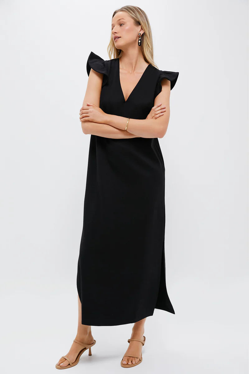 Effortless Black Maxi Dress with Ruffle Cap Sleeves and V-Neck, Evening Dresses