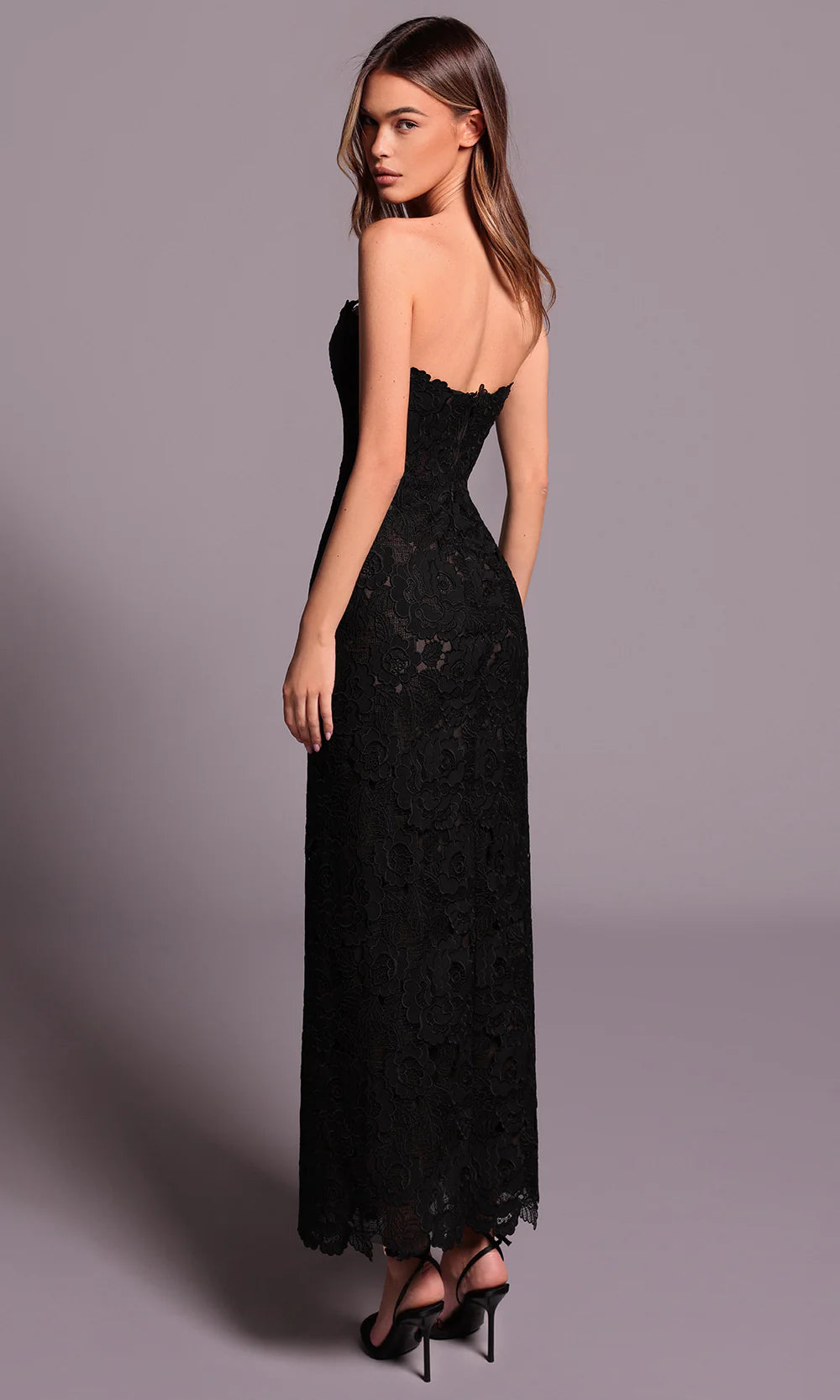 Elegant Black Floral Lace Strapless Fitted Midi Evening Dress