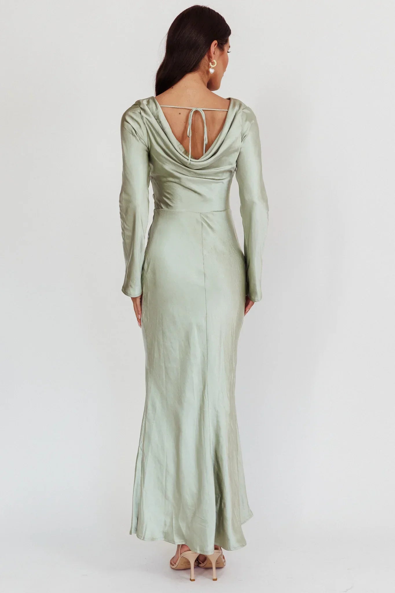 Elegant Fitted Crew Neck Long Sleeve Cowl Back Maxi Evening Dress
